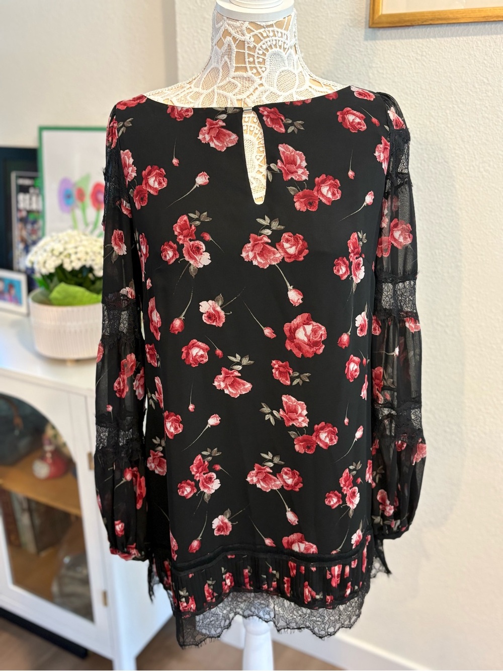 WHBM Black Floral Lace-Trim mini dress with Red Roses